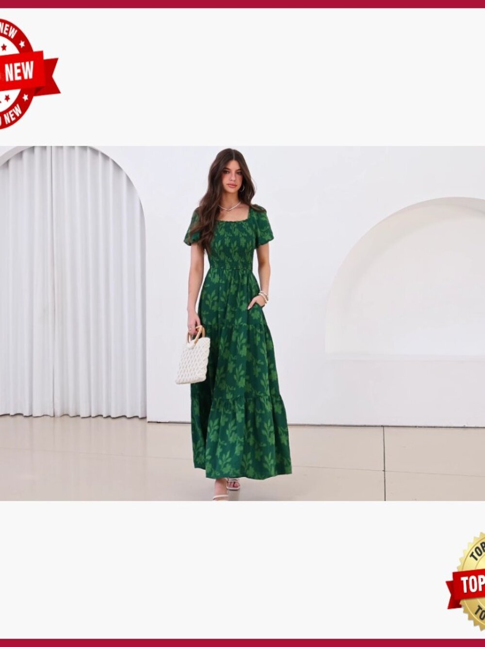 Summer Maxi Dress Floral Square Neck Smocked Bodice Pockets Boho - Picture 7 of 7